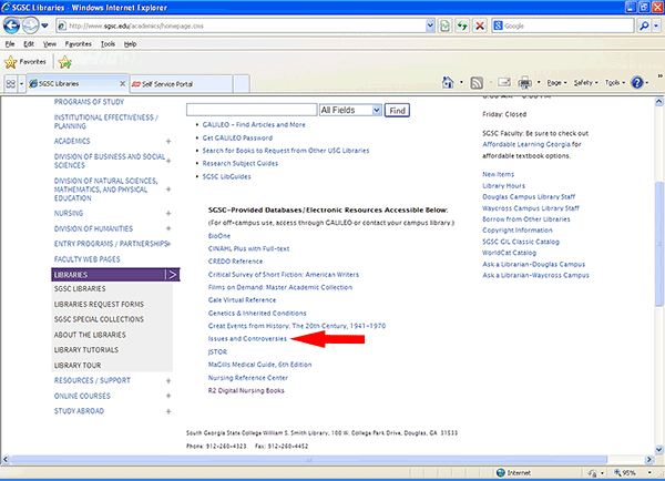 Screen capture of web page showing link to Issues and Controversies