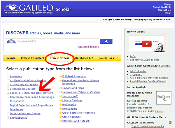 Screen shot of a browse by type search for eBooks from the GALILEO home page. 