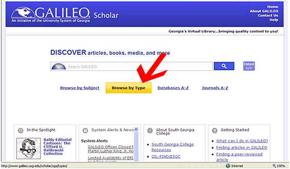Screen shot for GALILEO newspaper search using browse by type option 