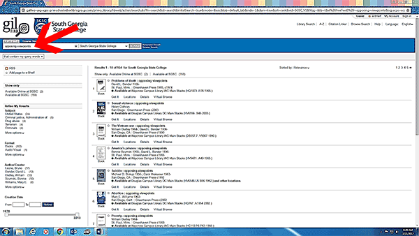 Screen shot of a catalog search for Opposing Viewpoints 