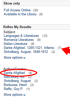 Screen shot of search results for Dante Alighieri 